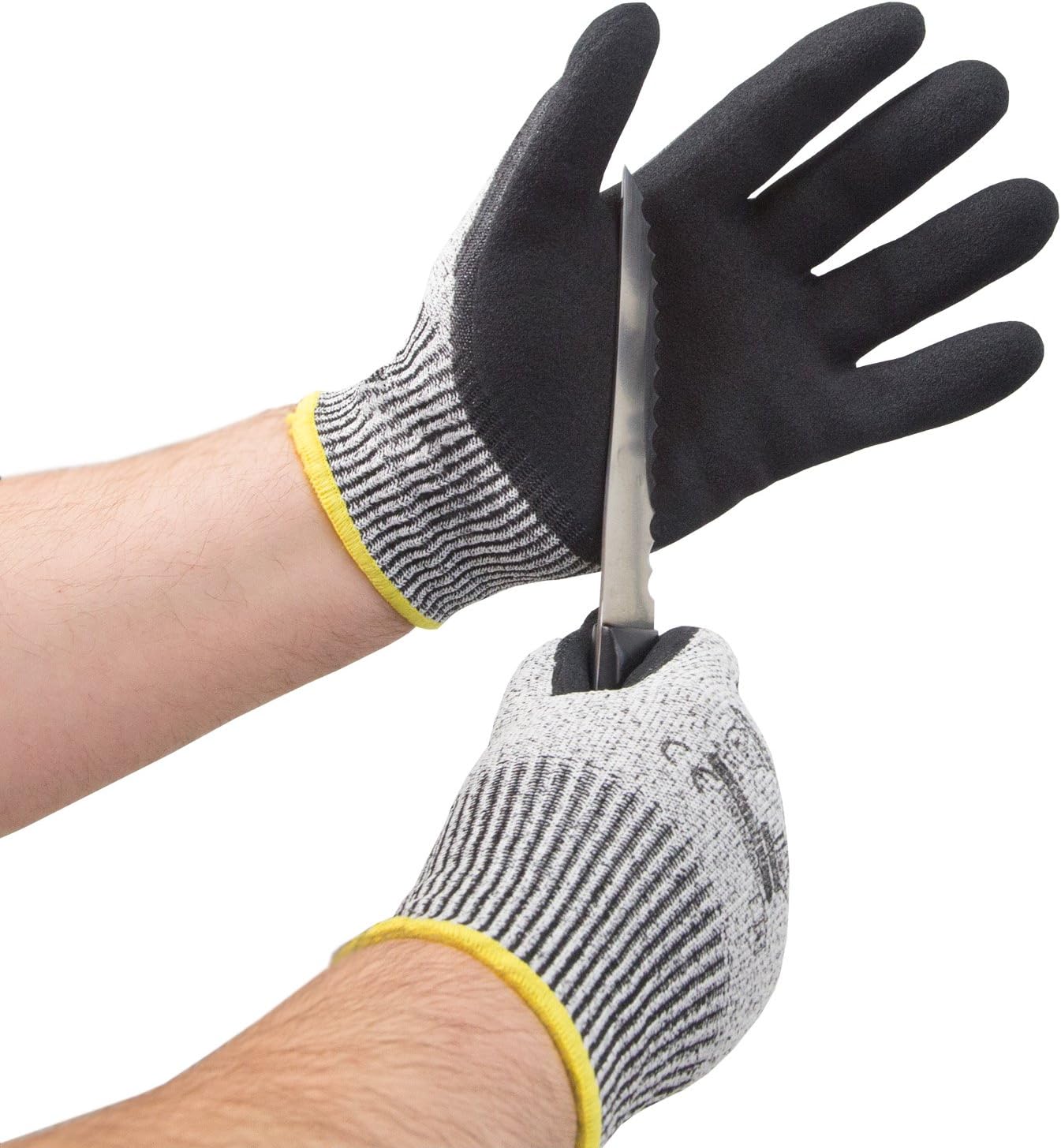 JORESTECH Safety Work Gloves Grey HPPE Knitted Fiber with Black Nitrile Sandy Finish Coating EN-388 Level 5 Pack of 12 GD-03 (Size 9-L) - - 