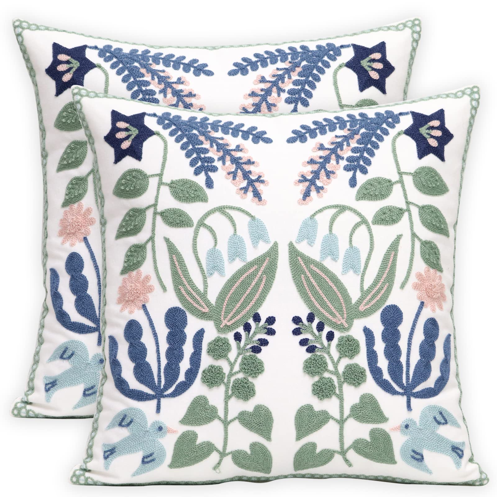 Pilmandu Set of 2 Embroidered Decorative Throw Pillow Covers 45x45cm Couch Square Pillowcases Cushion for Bedroom Sofa Farmhouse Decor (Bird Flower)