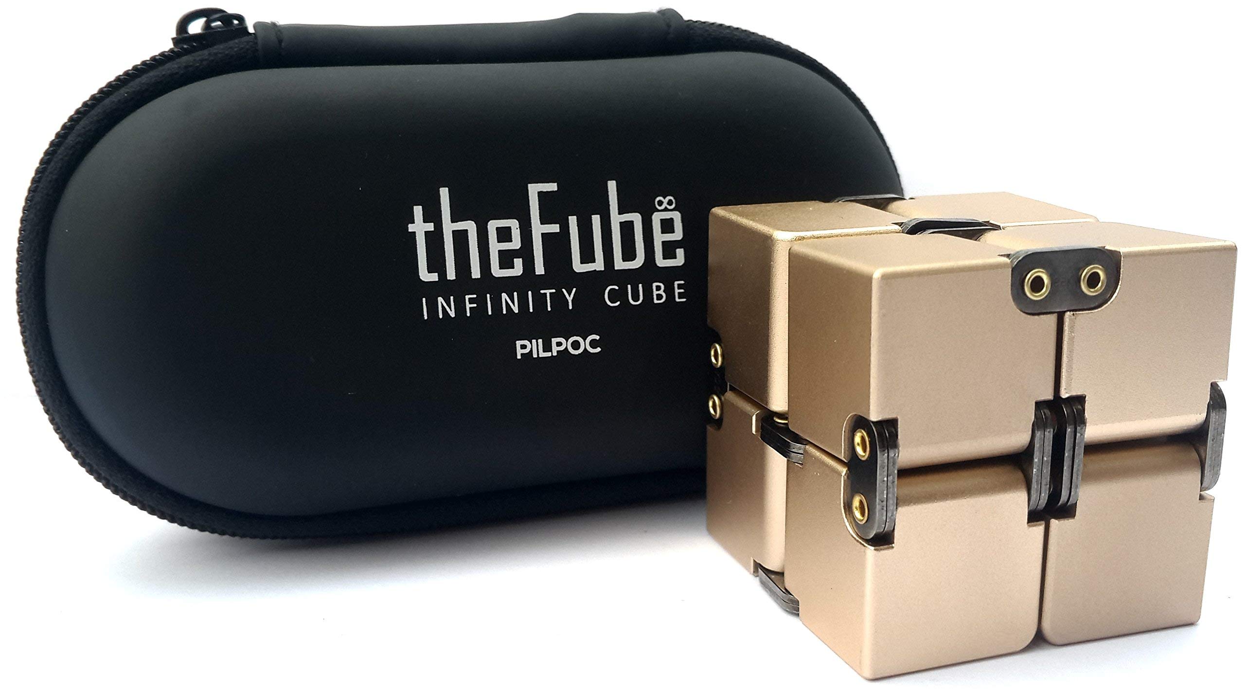 PILPOC theFube Infinity Cube Fidget Desk Toy - Aluminum Infinite Magic Cube with Exclusive Case, Sturdy, Heavy, Relieve Stress and Anxiety, for ADD, ADHD, OCD (Gold)
