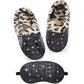 Girls Plush Sequin Slippers With Sleep Mask, Cute Faux Fur Slip-on Shoes Memory Foam House Shoes for Girls Bedroom Slippers
