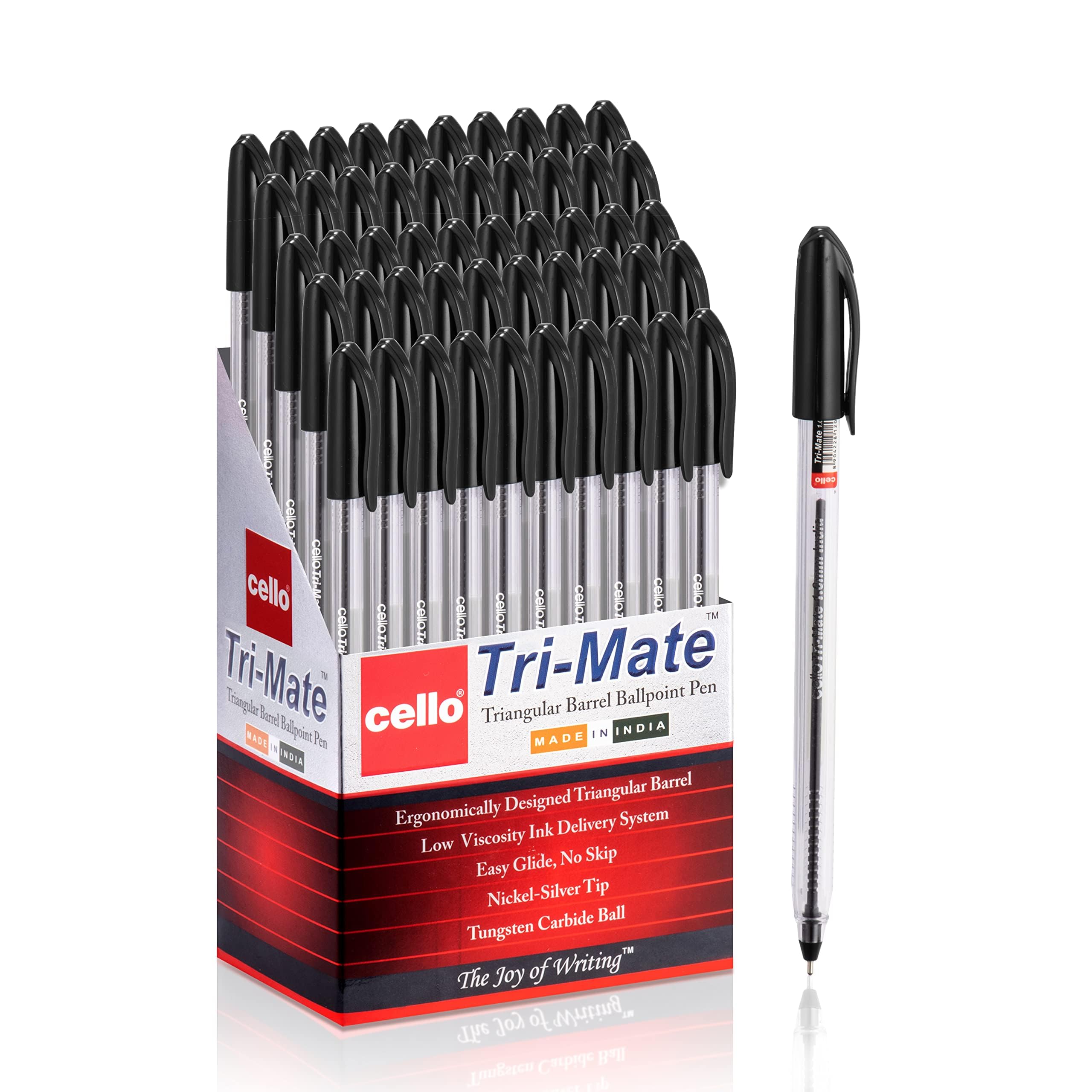 Cello Tri-Mate Triangular Barrel Ballpoint Pen 1.00 mm (Black) - Pack of 50