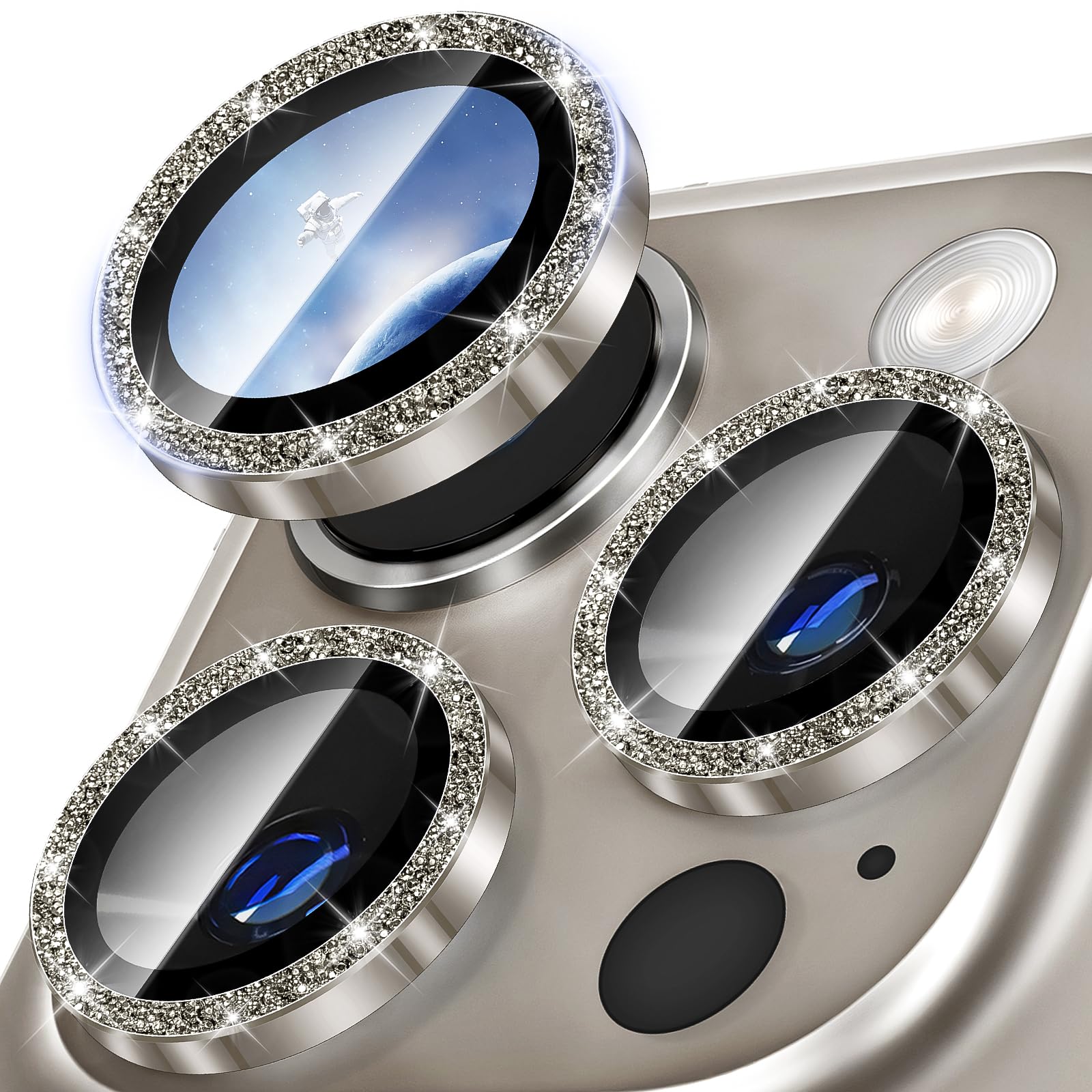 Diruite Camera Protector for iPhone 16 Pro/16 Pro Max Camera Lens protector,Glitter Decoration HD Tempering Glass+Aluminum Rim Lens Cover,Natural Titanium
