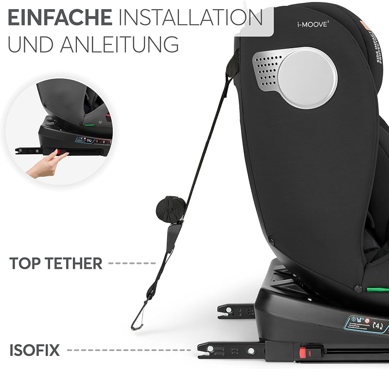 KikkaBoo Kindersitz 9-36 kg mit ISOFIX & 360° Drehung i-MOOVE 2, i-SIZE, 40-150 cm Reboarder, Rückwärts/Vorwärtsgerichtet, Verstellbare Kopfstütze, Liegefunktion, Schwarz