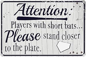 TOOTHSOME STUDIOS Players With Short Bats Please Stand Closer To The Plate 12" x 8" Funny Tin Sign Baseball Sports Themed Bathroom Decor Bar Man Cave
