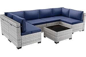 Sweecci 7-Piece Patio Furniture Set, Outdoor Sectional with Thick Cushions, Modular Patio Sofa, Dual-Strand Wicker Rattan, Rust-Resistant Frame, Backyard Furniture for Garden, Deck, Navy Blue