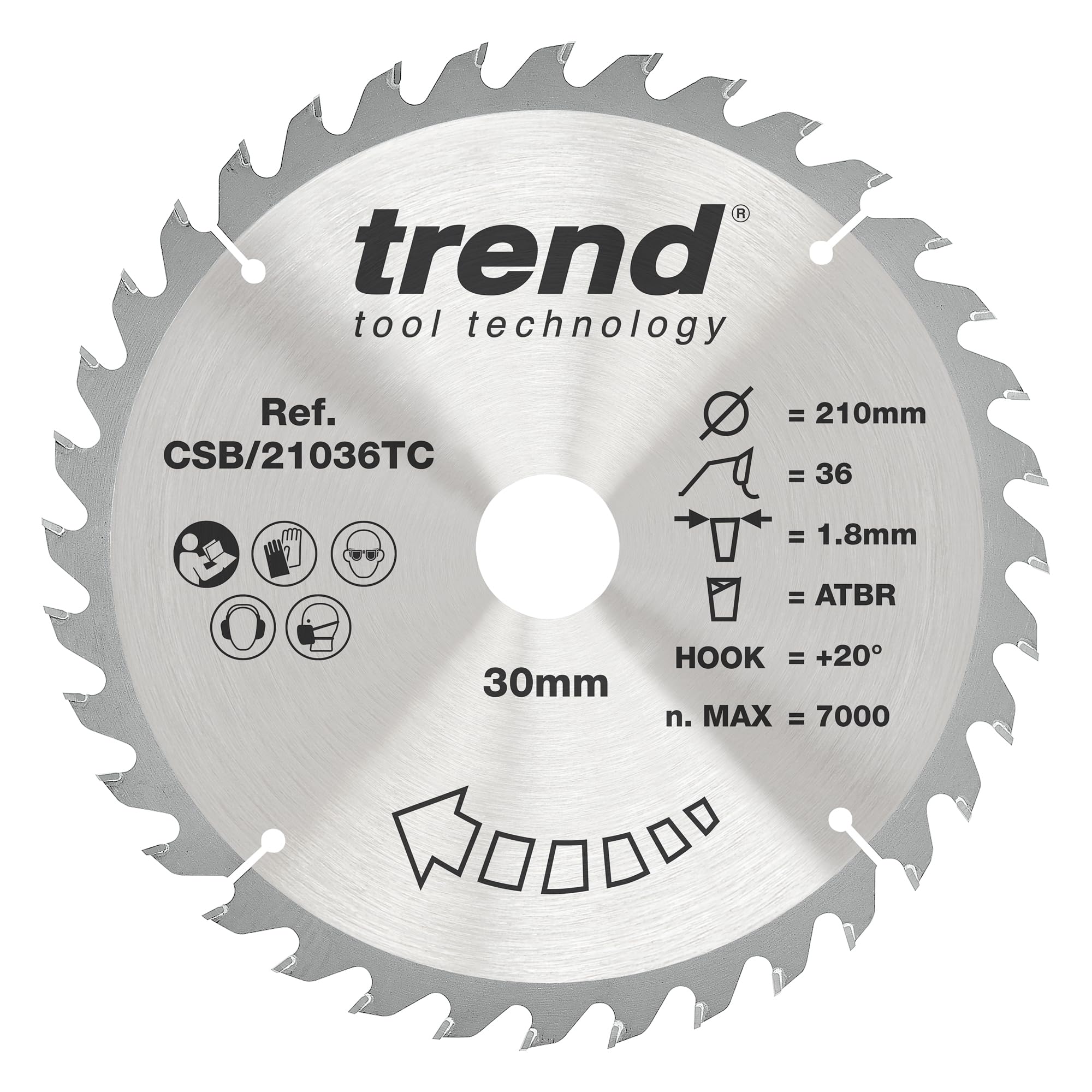 Trend Wood Cordless ATBR Circular Saw Blade, 210mm Diameter, 30mm Bore, 36 Teeth, 1.8mm Kerf, +20° Hook, TCT, Medium Finish, CSB/21036TC