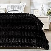 JONIYEAR Oversized Soft Fluffy Striped Faux Rabbit Fur Blanket Twin Size 60" x 70", Decorative 3D Geometric Large Warm Fuzzy Fur Blankets for Winter, Reversible Comfy Cozy Furry Blanket for Bed, Black