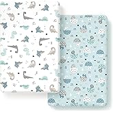 GRSSDER Stretchy Ultra Soft Jersey Knit Fitted Pack n Play Sheets Set 2 Pack, Portable/Mini Crib Sheets for Boys, Universal Fit for Pack N Plays Safe and Snug, Happy Dinosaurs for Baby