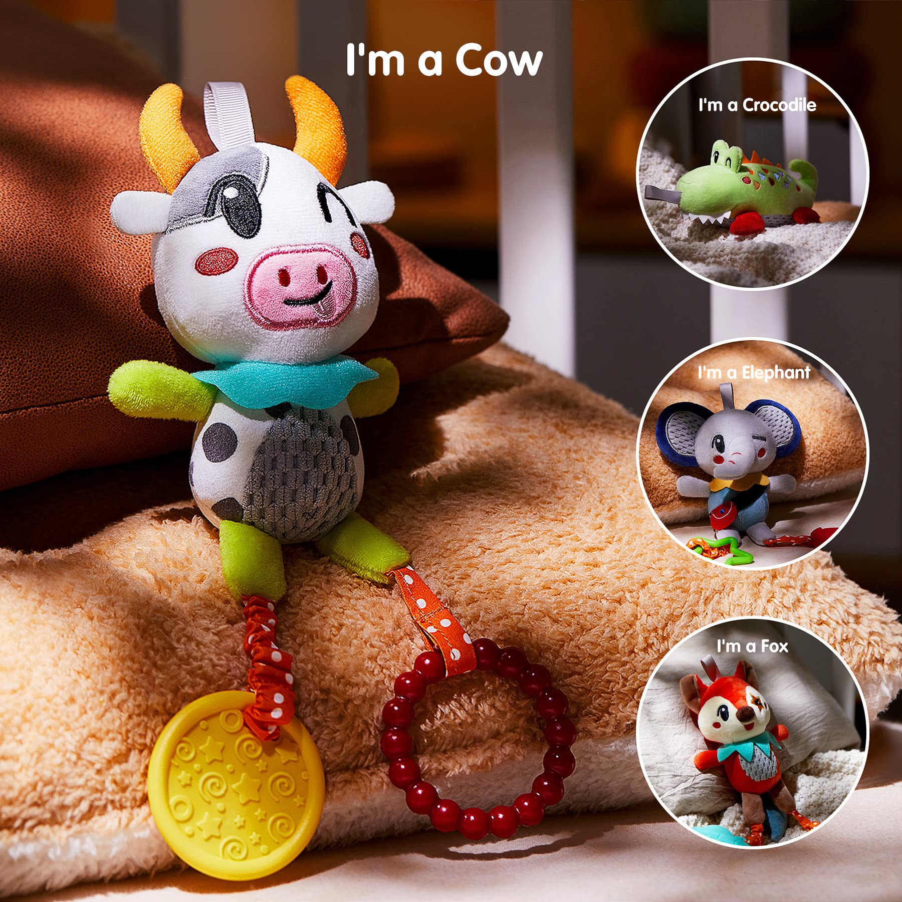 TUMAMA 4 Pack Baby Toys for 0 3 6 9 12 Months, Hanging Crib Toys for Newborn Infant Development, Car Seat Stroller Soft Plush Rattles Toy for Babies