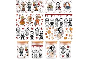 CIYAOO Halloween UV DTF Cup Wraps for 16 oz, Halloween Large Scary Movie Characters UV DTF Cup Wrap Flower Cup Wraps for Glass Cups Waterproof Cute Stickers for Glass Cups, Halloween Cups Wraps 6 Sheets