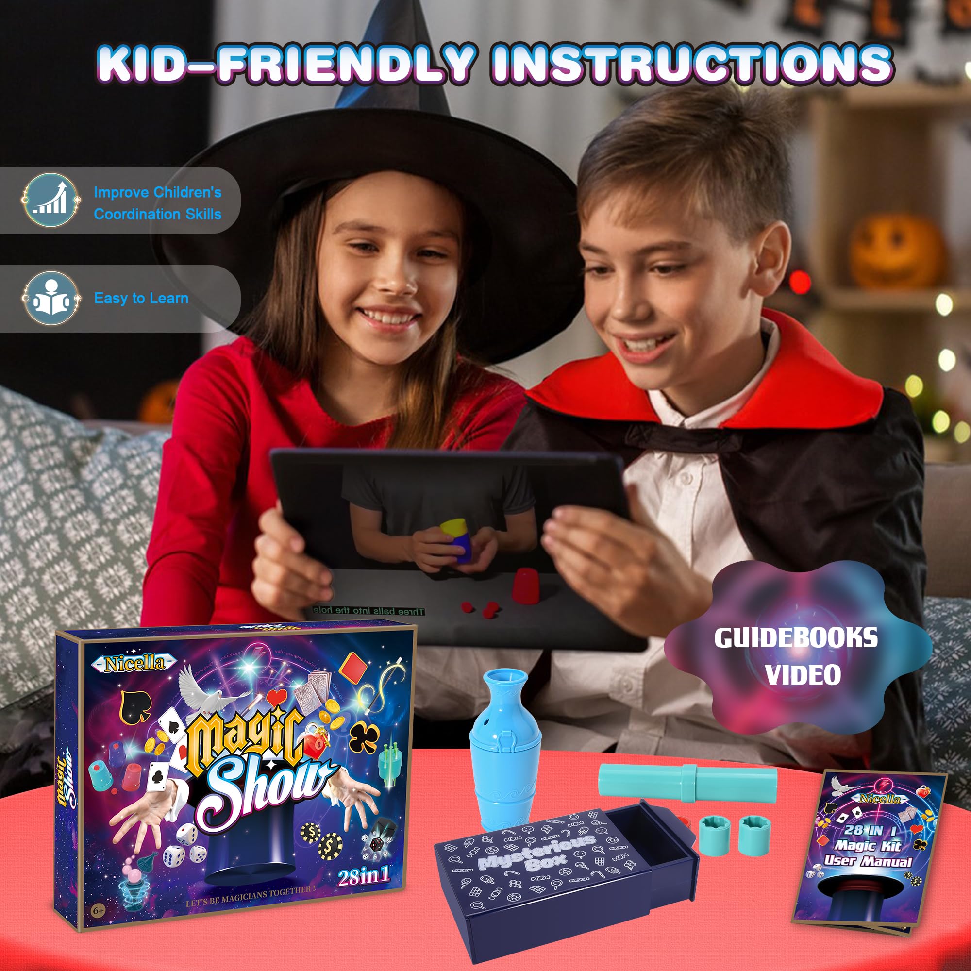 Nicella Magic Kit - 200+Magic Tricks for Kids Age 6-8, Magic Set with Manual and Video for Beginners and Kids, Christmas Halloween Birthday Gifts Toys for Ages 6 7 8 9 10 11 12 Years Old Boys Girls