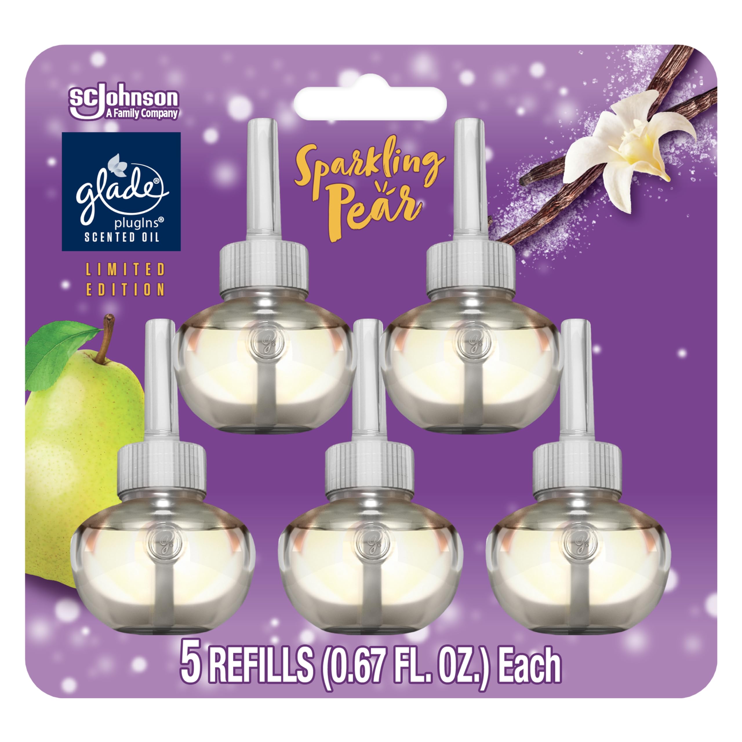 Photo 1 of Glade PlugIns Refills Air Freshener, Scented and Essential Oils for Home and Bathroom, Sparkling Pear, Limited Edition Scent, 3.35 Fl Oz, 5 Count