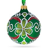 Flowers on Green Glass Ball Christmas Ornament 3.25 Inches