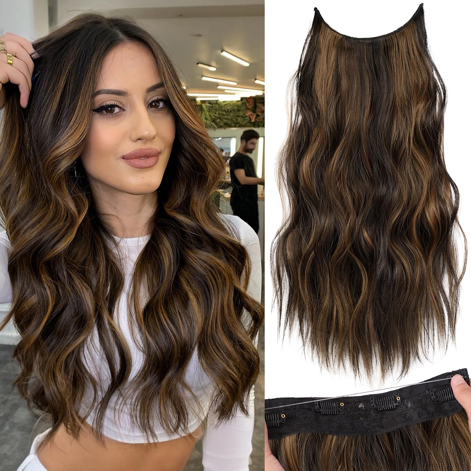 Photo 1 of KooKaStyle Invisible Wire Hair Extensions with Transparent Headband Adjustable Size 4 Secure Clips Long Wavy Highlight Hairpiece 20 Inch Balayage Dark Brown to Chestnut for Women