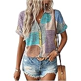 SHENHE Women's Button Down Short Sleeve Shirt V Neck Color Block Summer Top Boho Blouse