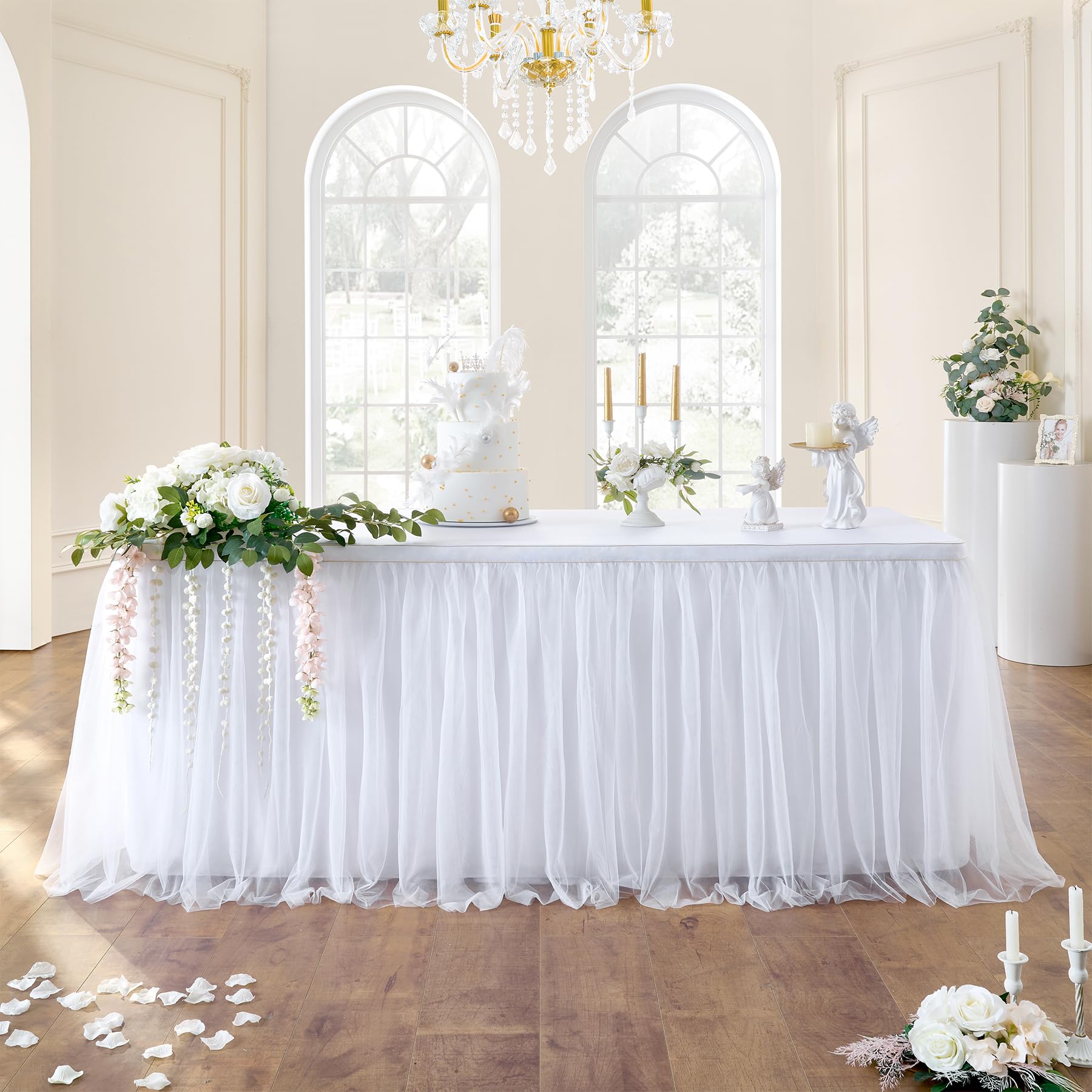 Tulle Table Skirt White Table Skirting Fluffy Tutu Table Skirt for Baby Shower Birthday Party Wedding Banquet Table Decorations (3Yard/9ft/L275cm*H77cm)