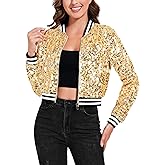 Anna-Kaci Women's Sparkly Sequin Cropped Jacket Long Sleeve Zipper Up Party Club Bomber Jacket