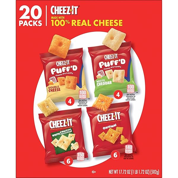CHEEZ-IT CHEESE CRACKERS, BAKED SNACK CRACKERS, OFFICE AND KIDS SNACKS, VARIETY PACK, 17.72OZ BOX (20 POUCHES)