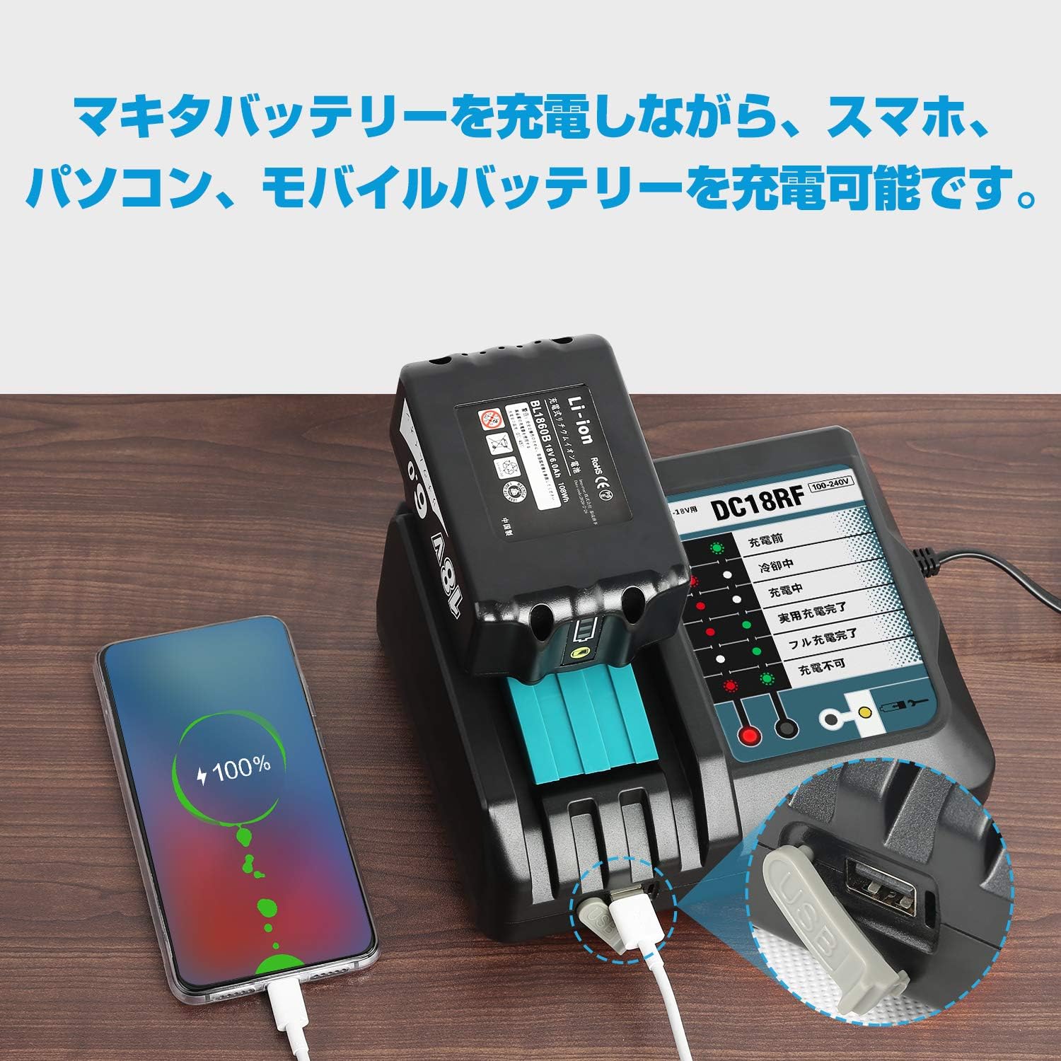 Amazon Ybang マキタ 充電器 Dc18rf 14 4v 18v 用 互換品 14 4v 18vリチウムイオンバッテリ用 Usb端子 搭載 スマホ等 充電用usbポート付 スマホ 充電可能 マキタ 電池 Bl1430 Bl1440 Bl1450 Bl1460 Bl1815 Bl10 Bl1840 Bl1850 Bl1860 Bl1430b Bl1460b Bl10b Bl1850b