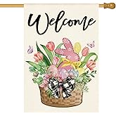 AVOIN colorlife Easter House Flag 28x40 Inch Double Sided Outside, Tulip Easter Eggs Bunny Welcome Yard Holiday Flag