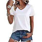 SMENG Women's Cotton V Neck T-Shirt Short Sleeve Solid Color Tee Casual Fit Tee Breathable Summer Fashion Tops