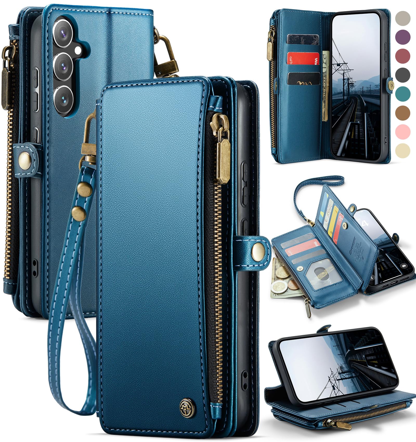 Defencase Compatible with Samsung Galaxy S24 Plus Case Wallet with RFID Blocking Card Holder for Women Men, PU Leather Magnetic Snap Flip Zipper Strap Phone Case Fit for Galaxy S24 Plus 5G 6.7", Blue