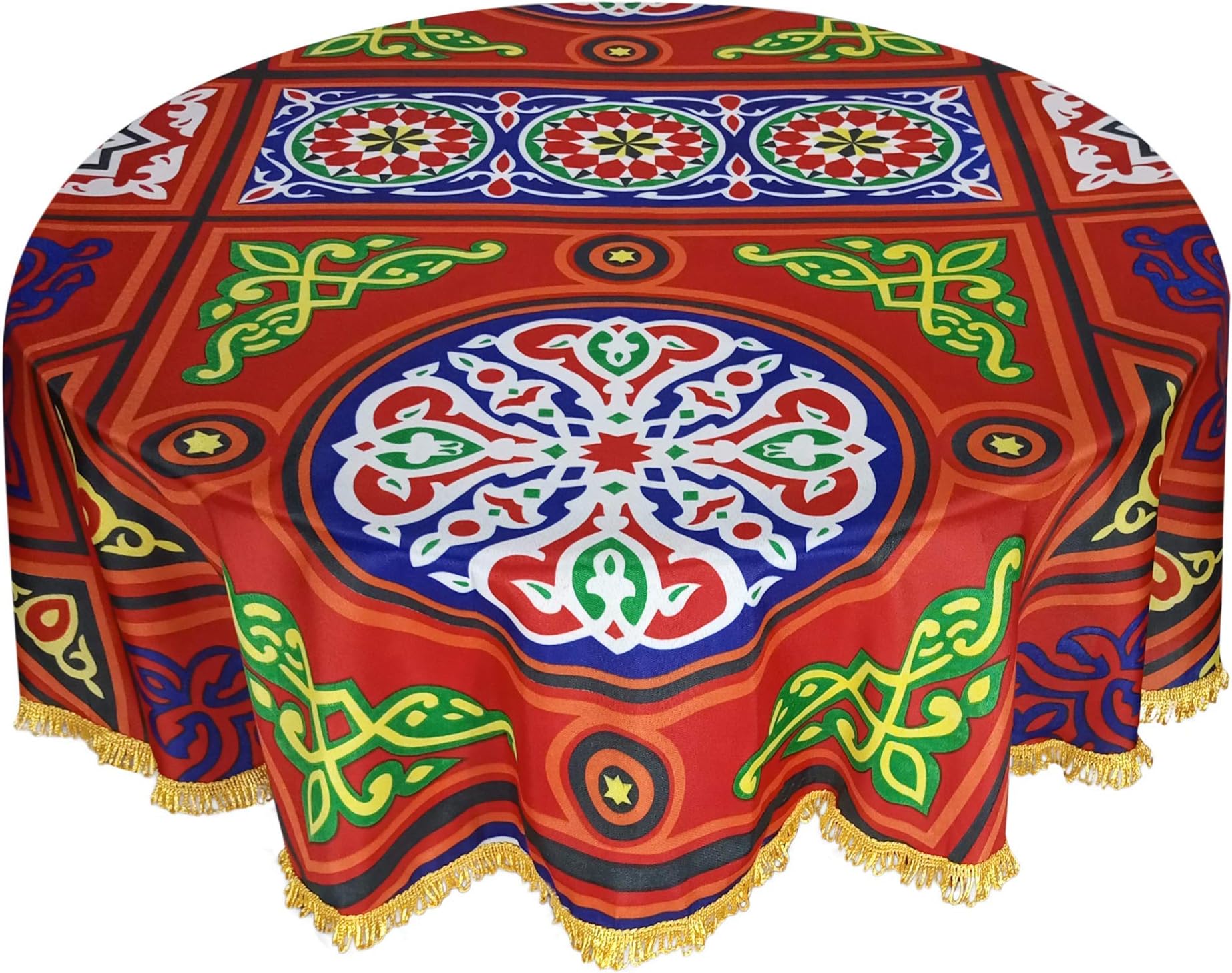 CraftiEgypt Egyptian Ramadan Decorations Colorful Red Printed Khayamiya Polyester Cotton Tablecloth Cover Top Round 55 Inches