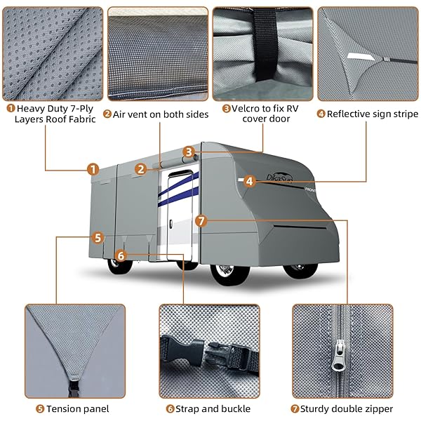 DIKASUN CLASS C RV COVER 23′ ~ 26′, 7 LAYERS TOP MOTORHOME COVER, HEAVY DUTY ANTI-UV CAMPER COVER WINDPROOF RIPSTOP CLASS C TRAVEL TRAILER COVER