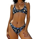 ZAFUL Women's Tie Back Padded High Cut Bralette Bikini Set Two Piece Swimsuit