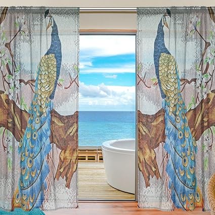 Amazon Com Leveis Peacock Window Sheer Curtain Panels For Home