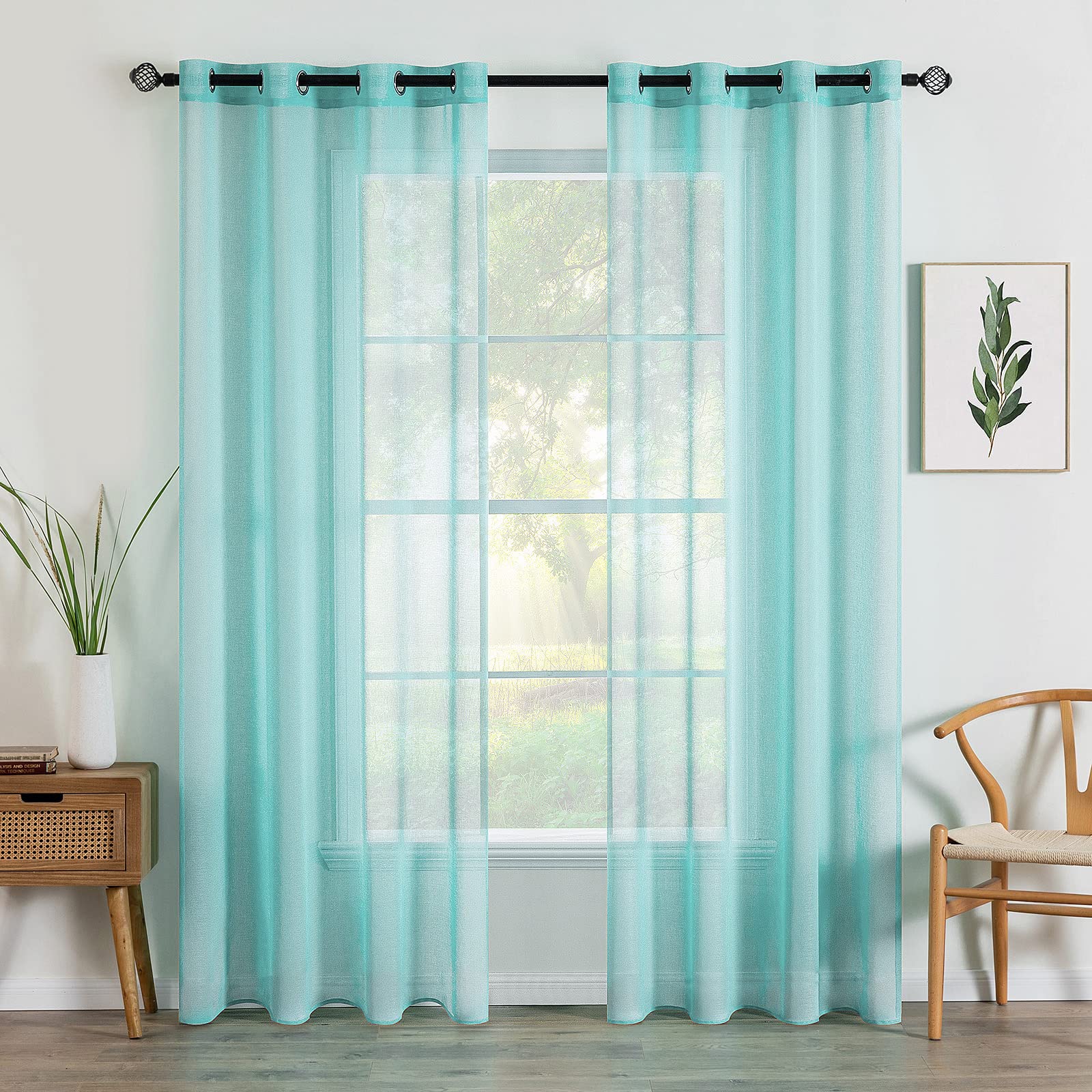 MIULEE 2 Panels Sheer Window Curtains Elegant Window Voile Panels/Drapes/Treatment for Bedroom Living Room 55" Wx96 L Grommet Top Turquoise
