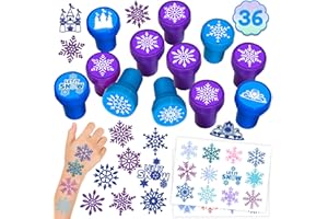 INKSOMOBA 36PCS Snowflake Party Favors - 24PCS Temporary Tattoos & 12PCS Stamps - Ideal Winter Themed Birthday Card Decorations Supplies Goodie Bag Cute Rewards for Boys Girls Classroom Gifts Baby Shower Prizes