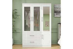LivelyLodge 71" High Wardrobe, Wood Closet Wardrobe with Mirror for Bedroom, Bedroom Armoire Wardrobe Closet with Hanging Rods, Wardrobe Closet with 2 Drawers Tall Cabinet Wardrobe, White