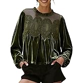 Gozoloma Women's Long Sleeve Velvet Trim Lace Blouse Elegant Flared Swing Top Round Neck Blouse Casual Wear