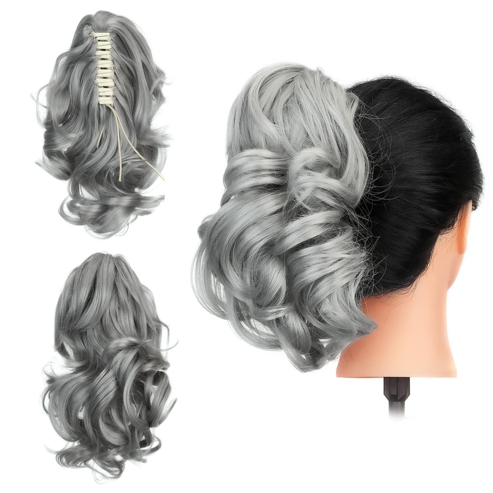 Gairyan 12" Clip in Ponytail Hair Extensions Curly Ponytail Extension Claw on Pony tails Wavy Synthetic Hairpieces for Women Real Look Short Wave (Dark Gray) — image 1