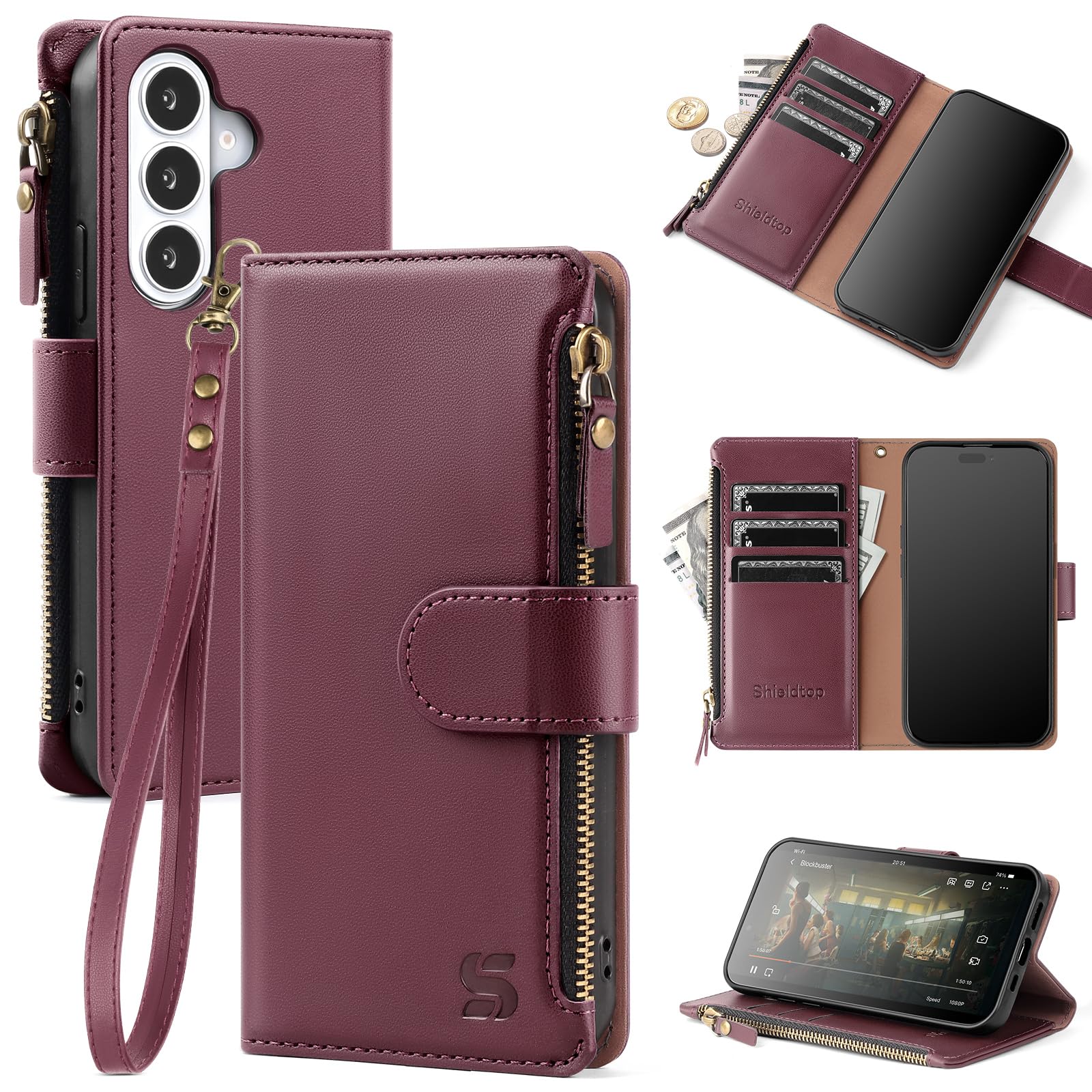 Shieldtop Compatible with Samsung Galaxy S26 Plus Wallet Case with Card Holder,Women Men RFID Blocking PU Leather Phone Case Flip Protective Cover Wrist Strap Zipper Credit Card Slots,Wine Red