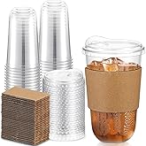 Acellegic 50 Sets 18 oz Clear Plastic Coffee Cups with Lids and Sleeves, Disposable Coffee Cups for Iced Cold Beverage, Drink Shops, Party Catering and Travel