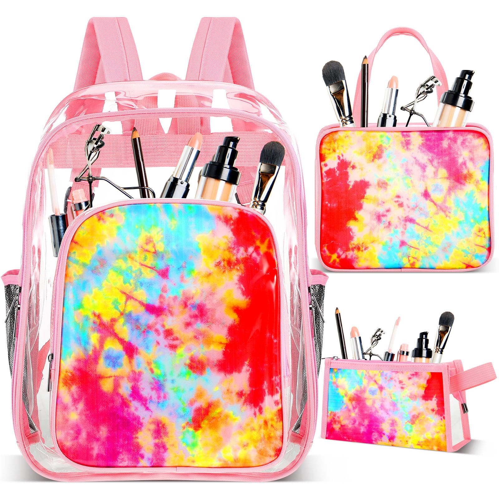 Photo 1 of Realspring 3 Pcs Clear Backpack 16 Inch Heavy Duty Clear Watercolor Bookbag PVC Transparent Bag with Food Bag Makeup Case