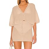 Jumppmile Women's 2 Piece Swimsuit Cover Up Crochet Hollow Out Knitted Bathing Suit Beach Bikini Cover Up Set