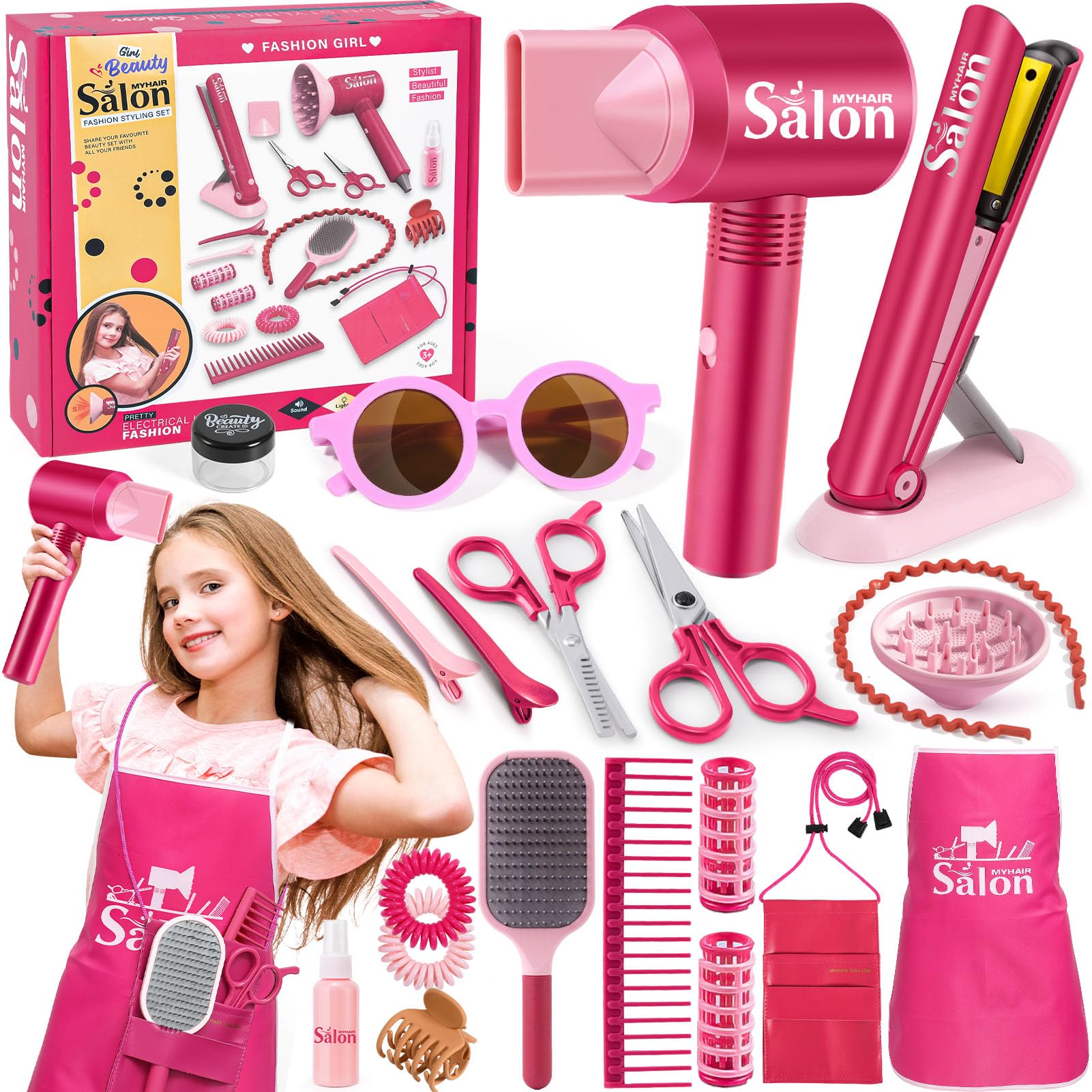 Vamei Kids Hairdressing Set Girl Beauty Salon Toys Blow Dryer Hair Straighteners Scissors Apron Fashion Hairdresser Styling Accessories Children Pretend Play Toys for Girls Age 3 4 5 6 7 8