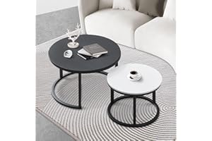 MASAKA B&W 27.5 Inch Round Wood Tables 2 Pack, Coffee Tables for Living Room Set of 2, Small Coffee Tables for Small Spaces, Center Table Modern Black with White