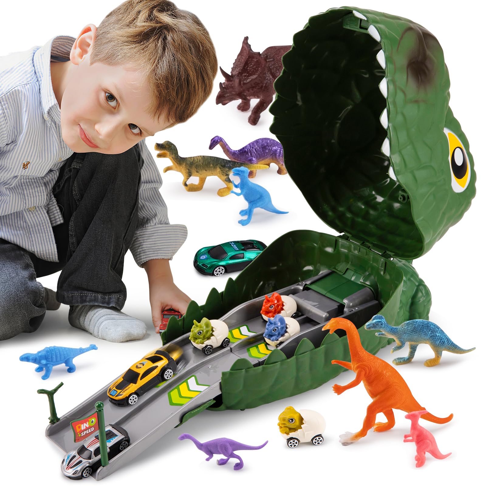 Warmiehomy Dinosaur Toys for Boys Age 3 4 5 6 7 8, Deformable Track Race Car, Dinosaur Game Play Toys for Kids, Birthday Gift for 3+ Toddlers — image 1