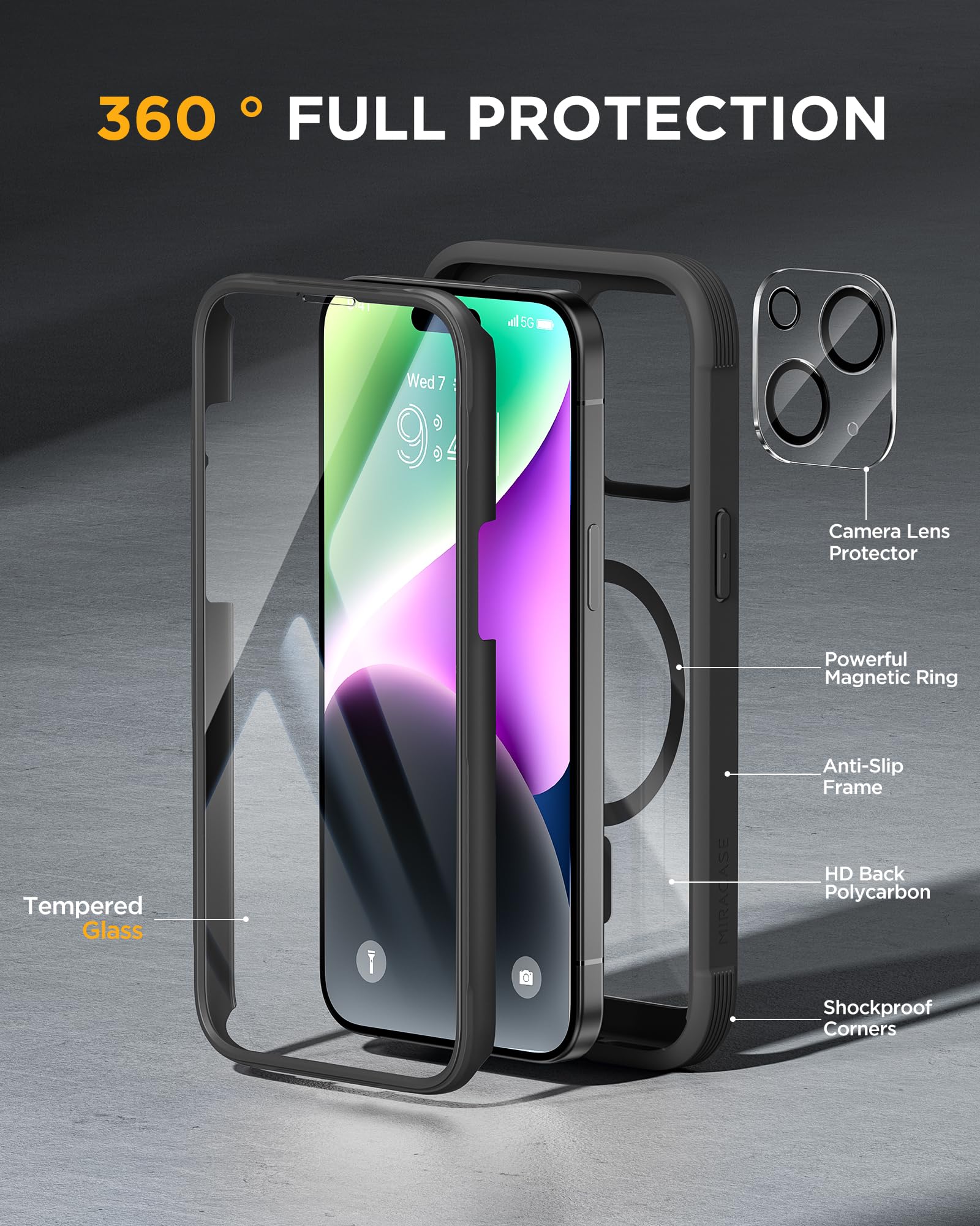 Miracase Magnetic Case for iPhone 15 Case 6.1-Inch, Full Body Bumper Clear Back Cover Compatible with MagSafe and Built-in 9H Tempered Glass Screen Protector + Camera Lens Protector (Black)