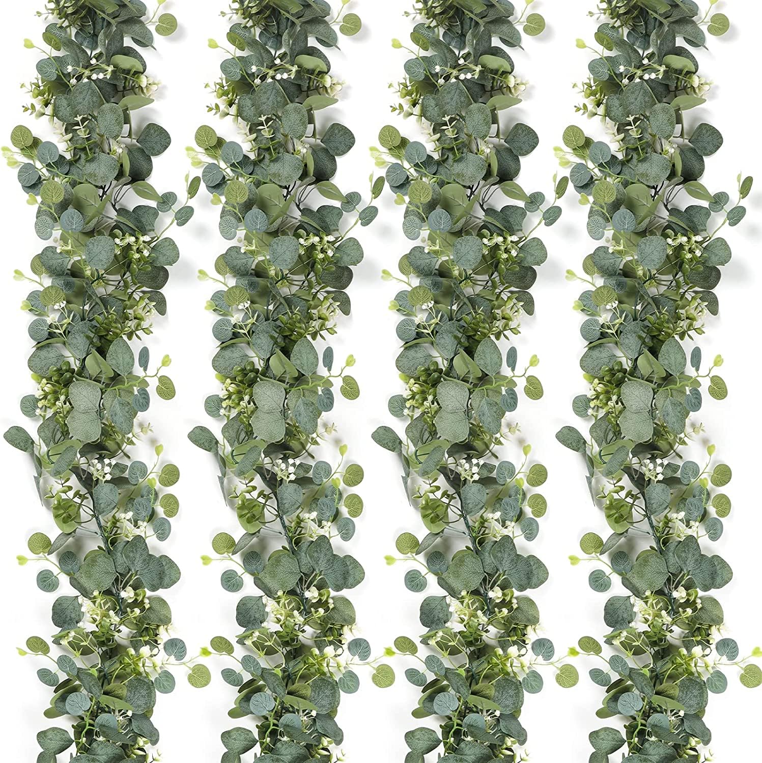 LOMOHOO 4 Pack Artificial Eucalyptus Garland Vines with White Flower,5.9ft Fake Eucalyptus Leaves Garland Plant,Greenery Garlands for Bedroom Wall Decor Wedding Party Room Decor