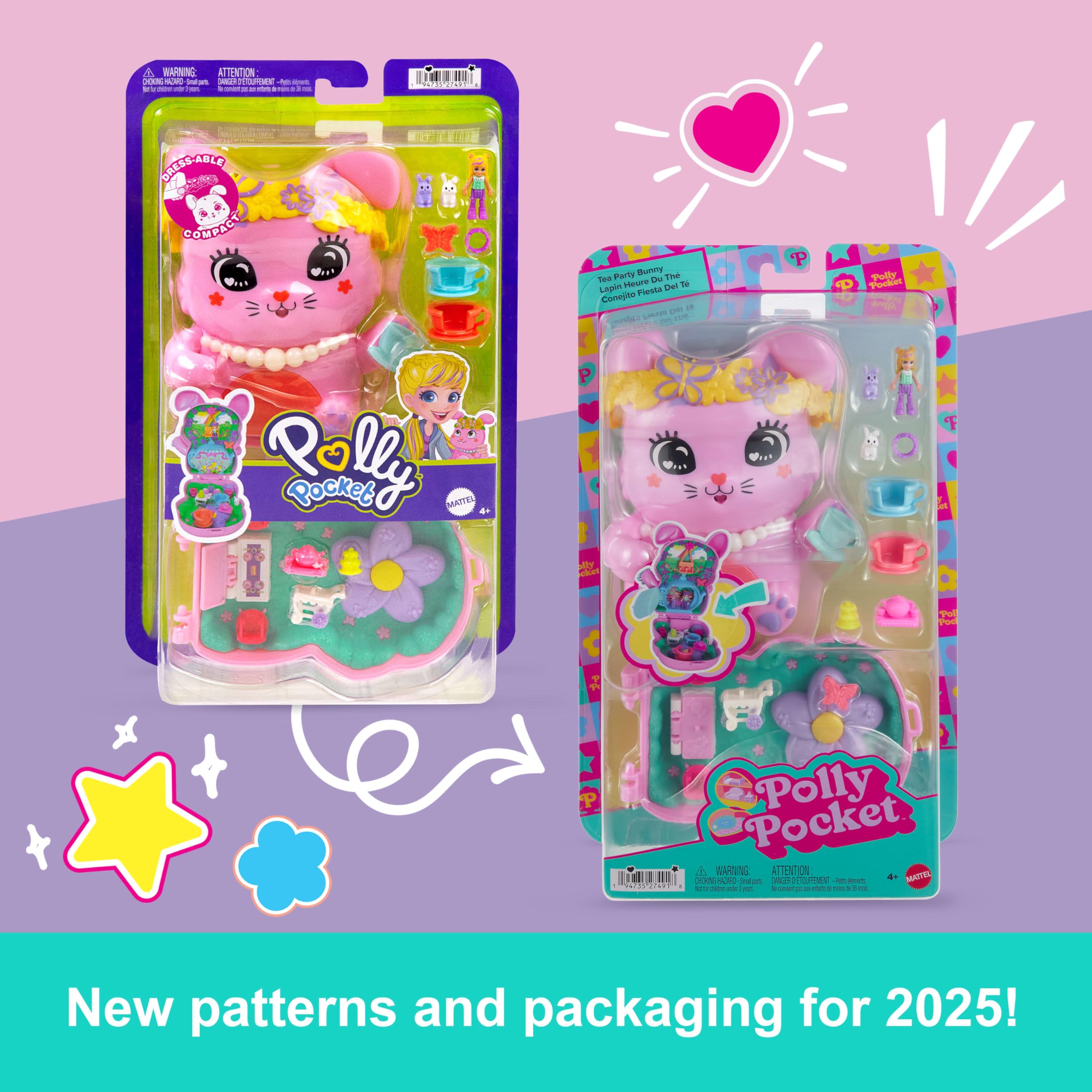 Polly Pocket Dolls and Playset, Tea Party Bunny Compact, Travel Toy with 1 Micro Doll, Pet Bunnies, Food & Fashion Styling Accessories