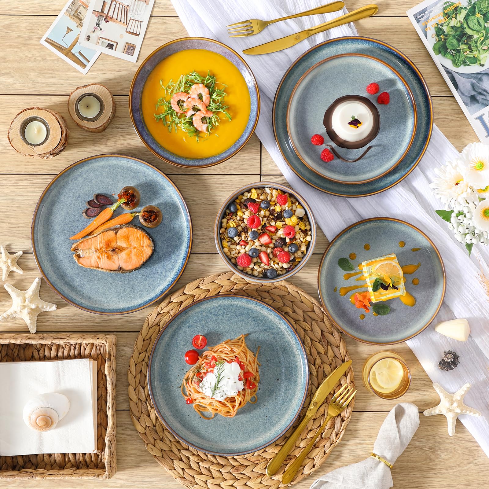 Geschirrset 6 Personen, vancasso PLAYA 24tlg Reaktive Glasur Steingut Tafelservice 6 Personen Modern, Beinhaltet Schüssel, Suppenteller, Dessertteller, Speiseteller, Spülmaschinenfest, Lavendelblau 7