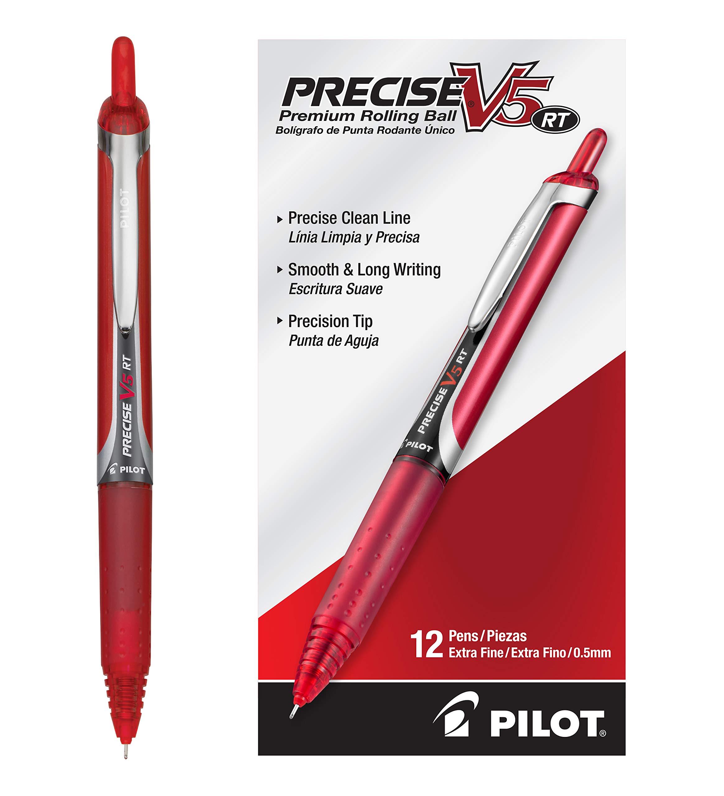 Precise V5 RT Refillable & Retractable Rollerball Pens, Extra Fine Point Pens 0.5 mm, Red, Pack of 12 - Ideal for School, Journaling & Office Writing