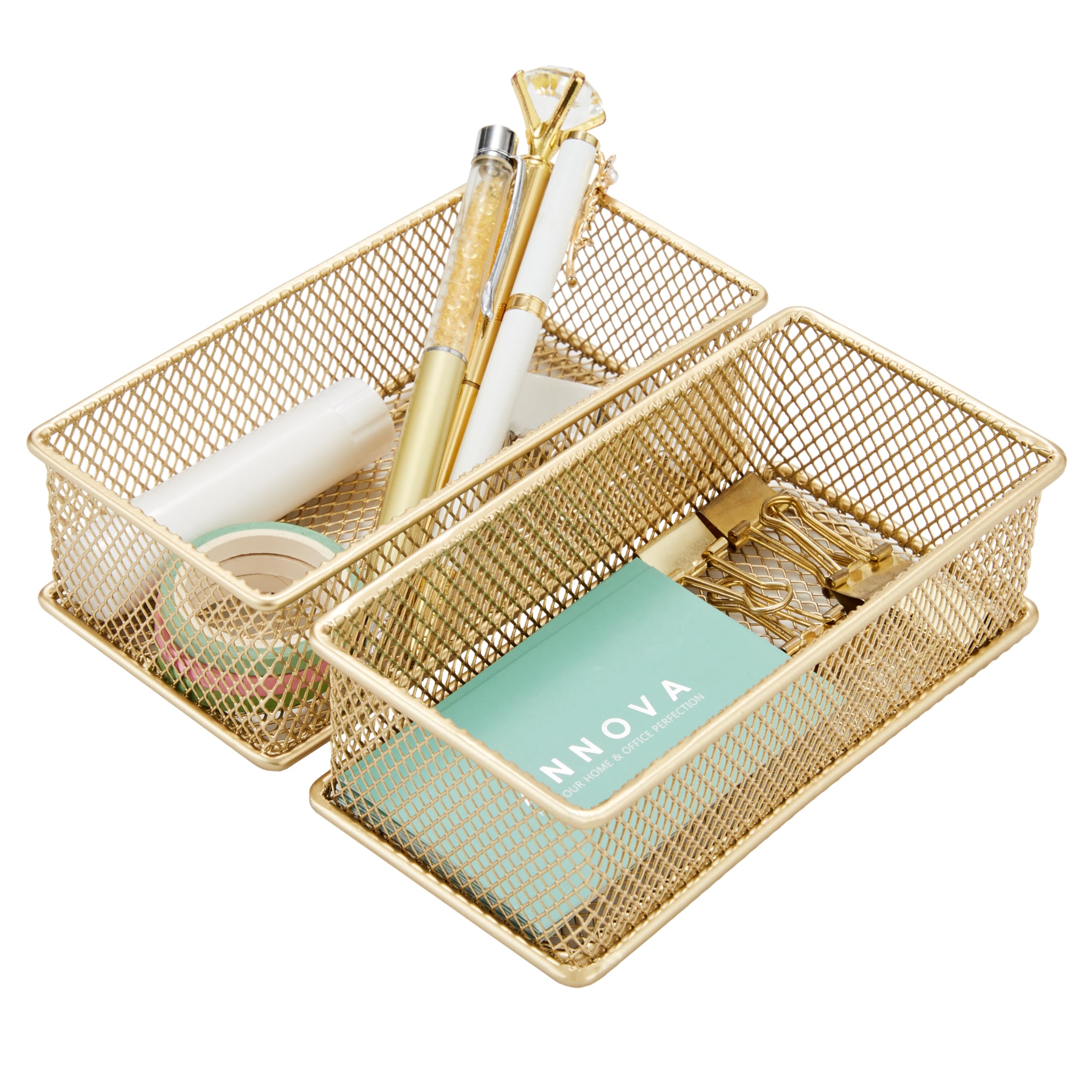 Photo 1 of Annova Mesh Stackable Drawer Cabinet and Shelf Organizer Bins Storage Basket School Office Supply Holder Tray- Set of 2 (Gold, 3x6x2 Inch)