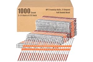 Therwen 1000 Count 21 Degree Framing Nails Full Round Head Collated Framing Ring Shank Hot Dipped Galvanized Nails Plastic Row Fixed for All Pressure Treated Lumber(3-1/4 Inch X 0.131 Inch)