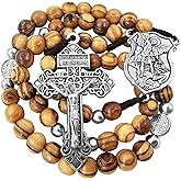 TALISMAN4U Archangel Saint Michael Olive Wood Prayer Beads Catholic Rosary Silver Tone Pardon Crucifix Virgin Mary Medals Rosaries for Men Holy Land Religious Gift Rosary Pouch & Prayer Card